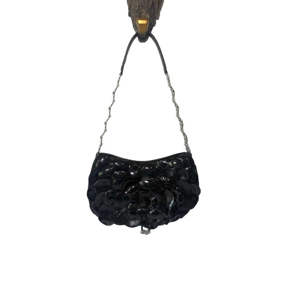 Brighton Rosalie Black Leather Pochettee Handbag Flower baguette
